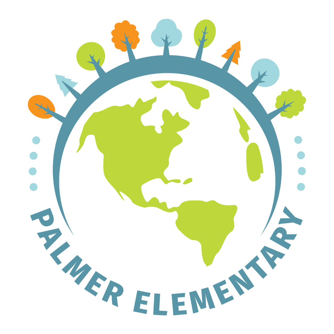 Palmer Elementary logo with an image of a globe with trees around it